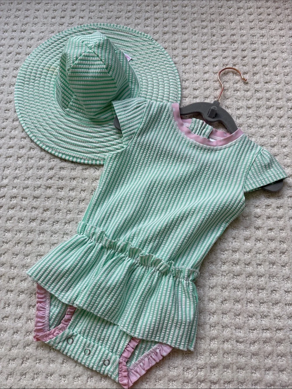 Mint Green Striped Baby Sunsuit with Hat